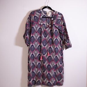 Figue Cotton Lightweight Pullover Quarter Sleeve Tunic Dress Multi Print Medium